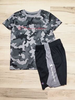 Champion Boys' Gray Camo Tee with Black Athletic Shorts Size 7/8
